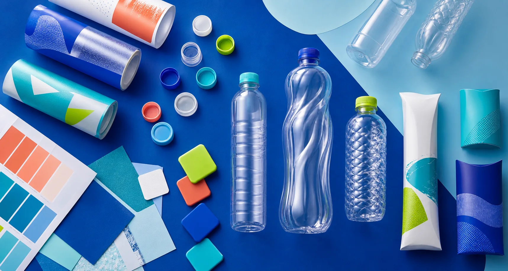 ภาพจัดวางขวด PET ฝาและวัสดุ Packaging อย่างสร้างสรรค์